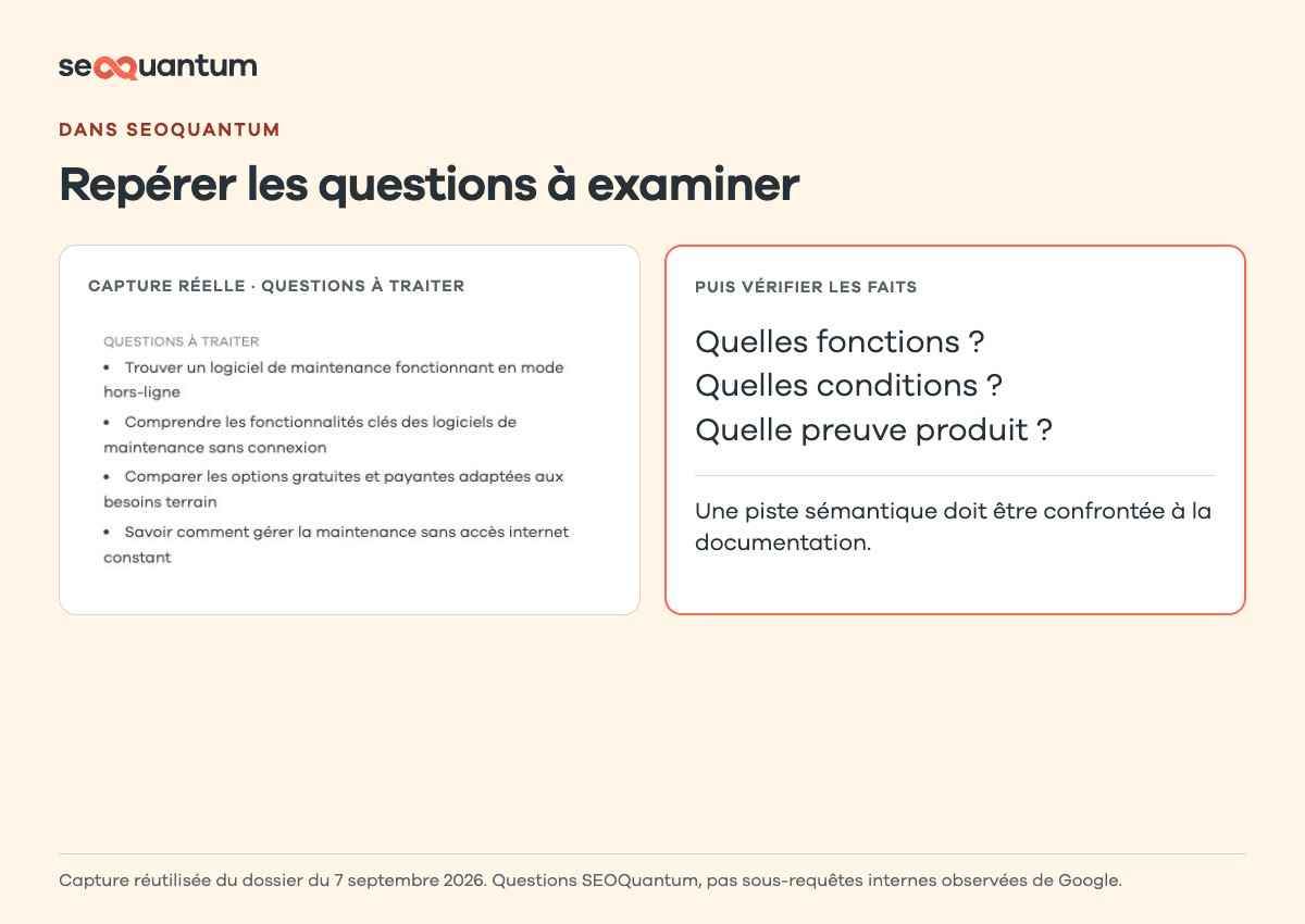 Capture réelle des questions à traiter dans SEOQuantum, et contrôle des faits produit.