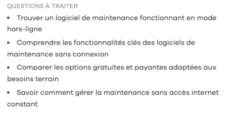 Capture réelle de SEOQuantum : extrait des recommandations d’Albert AI sur l’intention et les questions à traiter pour un logiciel de maintenance hors connexion.