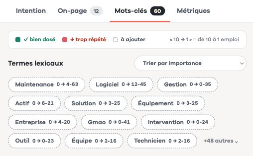 Capture réelle de SEOQuantum : recommandations lexicales pour l’analyse du logiciel de maintenance, avec notamment maintenance, logiciel, équipement, intervention et technicien.